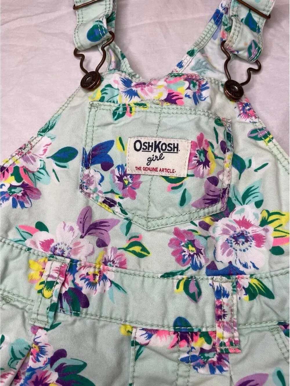 OshKosh Floral Overalls 18 Months Mint Green Shortalls Girls Vintage Style